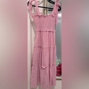 Gingham Tiered Ruffle maxi Dress Smocked Pink White